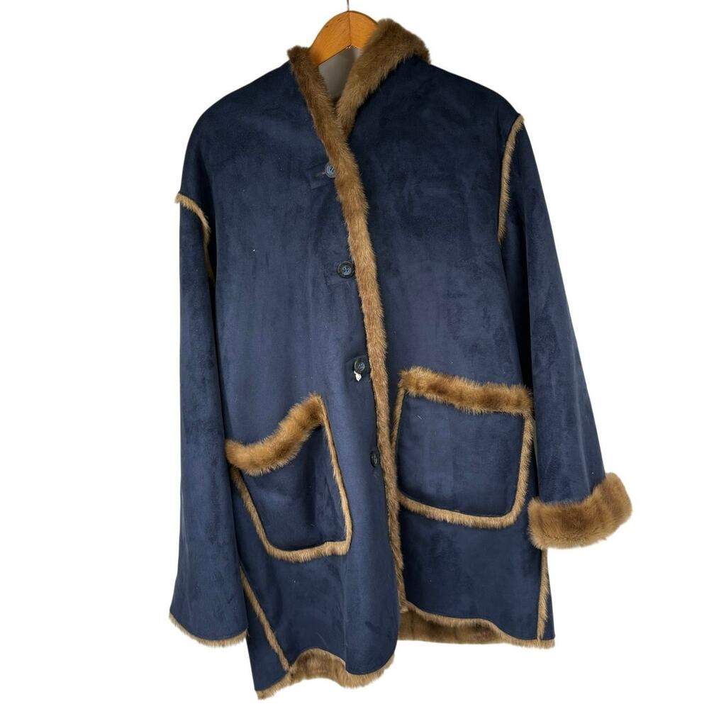 Dennis Basso Blue Faux Suede Fur Heavy Hooded Winter Coat Reversible 2X NWT